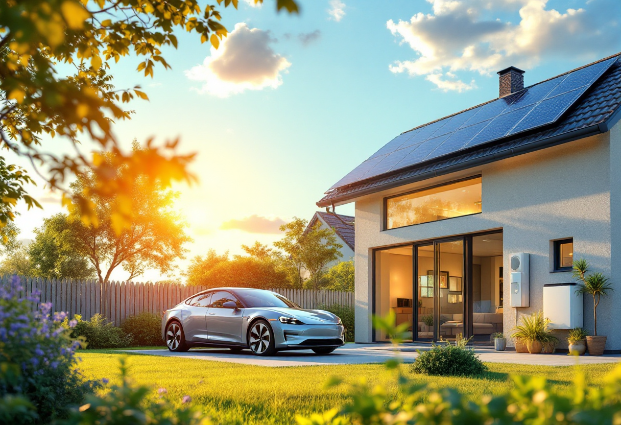 Ein modernes Haus mit Sonnenkollektoren auf dem Dach und großen Fenstern steht in einem sonnigen Hof. Ein silbernes Elektroauto ist in der Einfahrt geparkt, umgeben von grünem Gras, Blumen und Bäumen unter einem strahlend blauen Himmel.