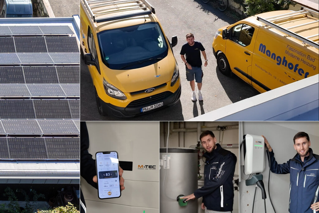 Eine Collage zeigt Solarpaneele auf einem Dach, zwei Männer neben gelben Manghofer-Transportern, von denen einer ein Telefon mit einer Energie-App in der Hand hält, und die Männer, die in einem Haus mit Heizungs- und Elektrogeräten arbeiten.