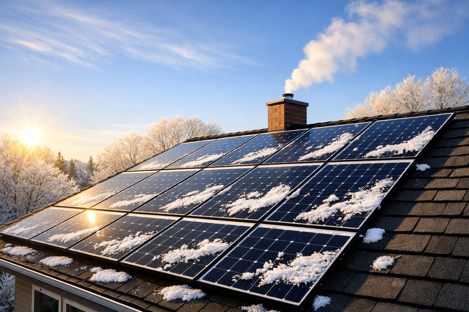 Sonnenkollektoren mit Schneeflecken auf einem Schrägdach fangen das Sonnenlicht an einem klaren Wintertag ein. Aus einem Schornstein steigt Rauch auf, und im Hintergrund sind bei Sonnenaufgang oder Sonnenuntergang frostbedeckte Bäume zu sehen.