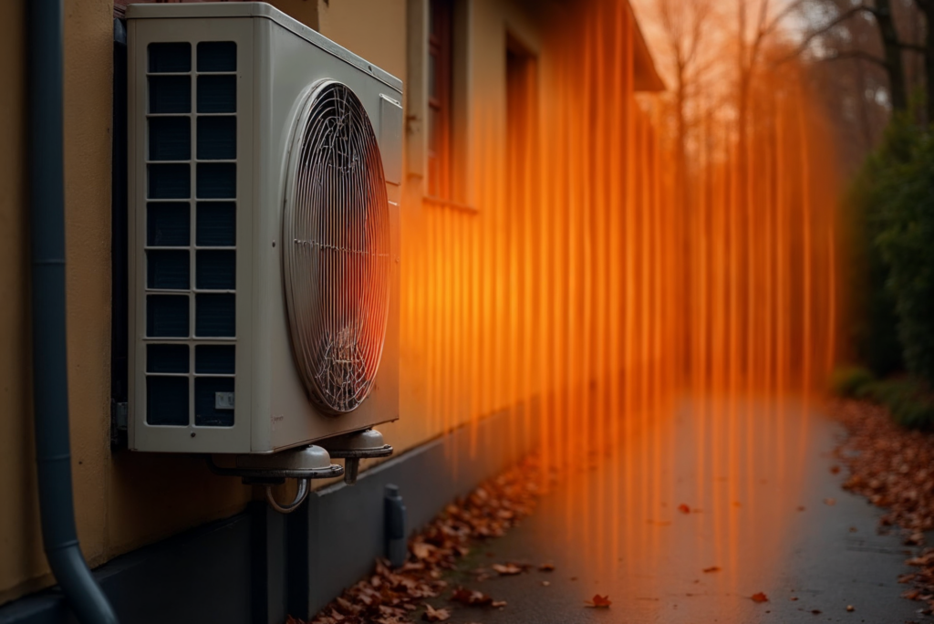 Ein an einem Gebäude montiertes Außenklimagerät strahlt sichtbare orangefarbene Hitzewellen aus, die die Freisetzung von warmer Luft veranschaulichen. Gefallene Blätter säumen den Boden in der Nähe des Gebäudes.