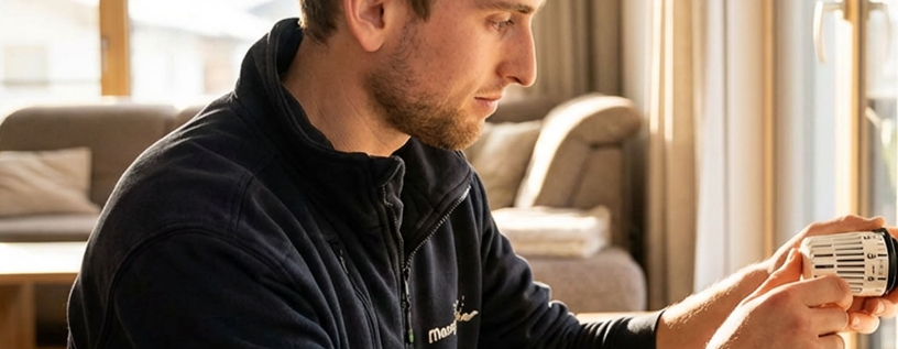 Ein Mann in einer dunklen Fleecejacke stellt ein weißes Heizkörperthermostat in einem Innenraum ein, während das Sonnenlicht durch ein Fenster fällt und ein Sofa im Hintergrund steht.