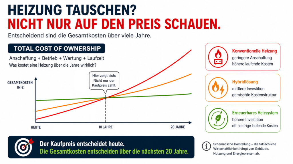 Die Infografik vergleicht Heizsysteme nach Gesamtkosten im Zeitverlauf. Konventionelle Heizkosten steigen steil an, Hybridheizungen sind moderat, und erneuerbare Energien sind am günstigsten. Icons und farbige Linien veranschaulichen jeden Typ; Hauptaussage: Betrachten Sie die 20-Jahres-Kosten, nicht nur den Kaufpreis.