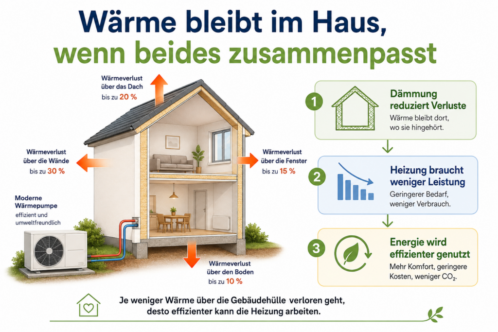 Infografik zum Zusammenhang von Heizung und Dämmung: Weniger Wärmeverlust über die Gebäudehülle sorgt dafür, dass die Heizung effizienter arbeitet.