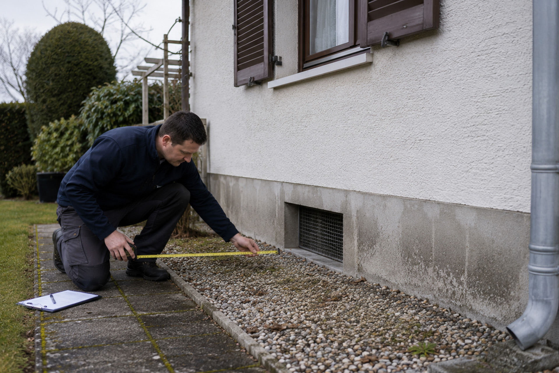 Ein Manghofer Mitarbeiter misst den möglichen Aufstellort einer Wärmepumpe an einem Altbau aus.