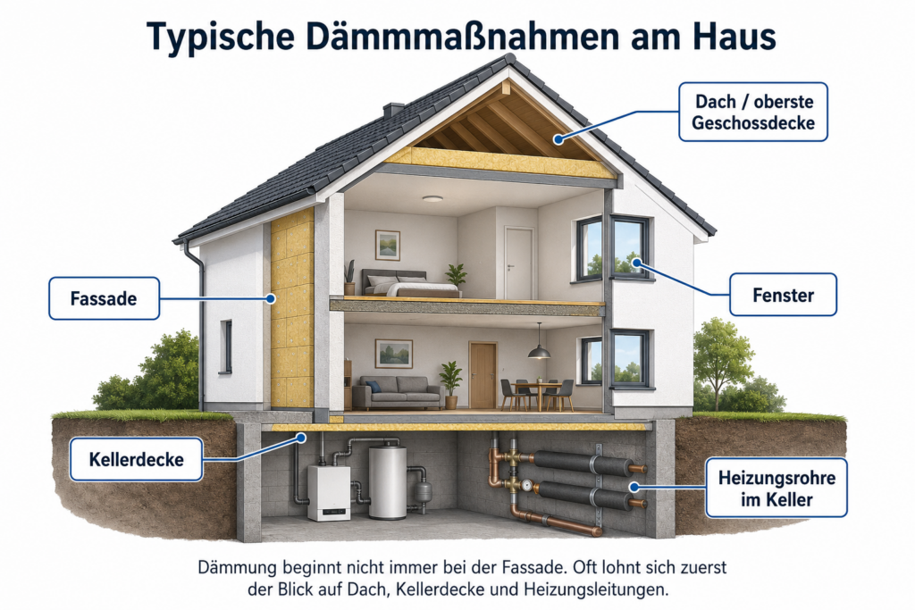 Schaubild eines Hauses mit Wärmeverlusten über Dach, Wände, Fenster und Boden sowie dem Hinweis, dass Dämmung den Heizbedarf reduziert.
