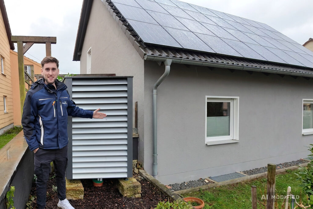 Christoph Manghofer neben einer Wärmepumpe vor einem Haus mit Photovoltaikanlage auf dem Dach.