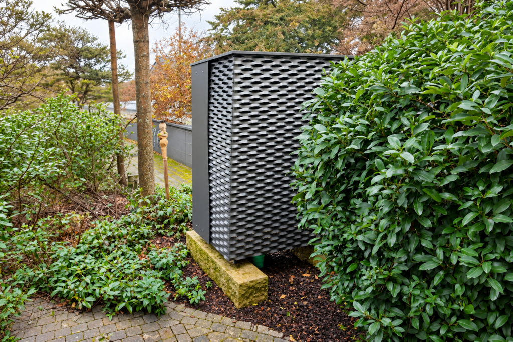 Außeneinheit einer Luft-Wasser-Wärmepumpe in einem Garten