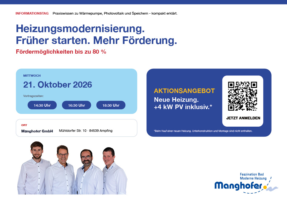 Veranstaltungsflyer zur Heizungsmodernisierung am 21. Oktober 2026 bei der Manghofer GmbH in Ampfing. Enthält den Zeitplan, einen QR-Code zur Anmeldung und ein Foto von vier Personen. Werbeangebot: Neue Heizung mit kostenloser 4-kW-PV-Anlage. Das blau-gelbe Design spiegelt die Corporate Identity von Manghofer Ampfing wider.