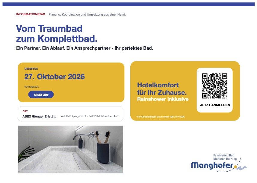 Einladung zum Manghofer Ampfing-Infotag zum Thema Badezimmergestaltung bei ABEX Gienger Erlstätt am 27. Oktober 2026 mit einem QR-Code zur Anmeldung.