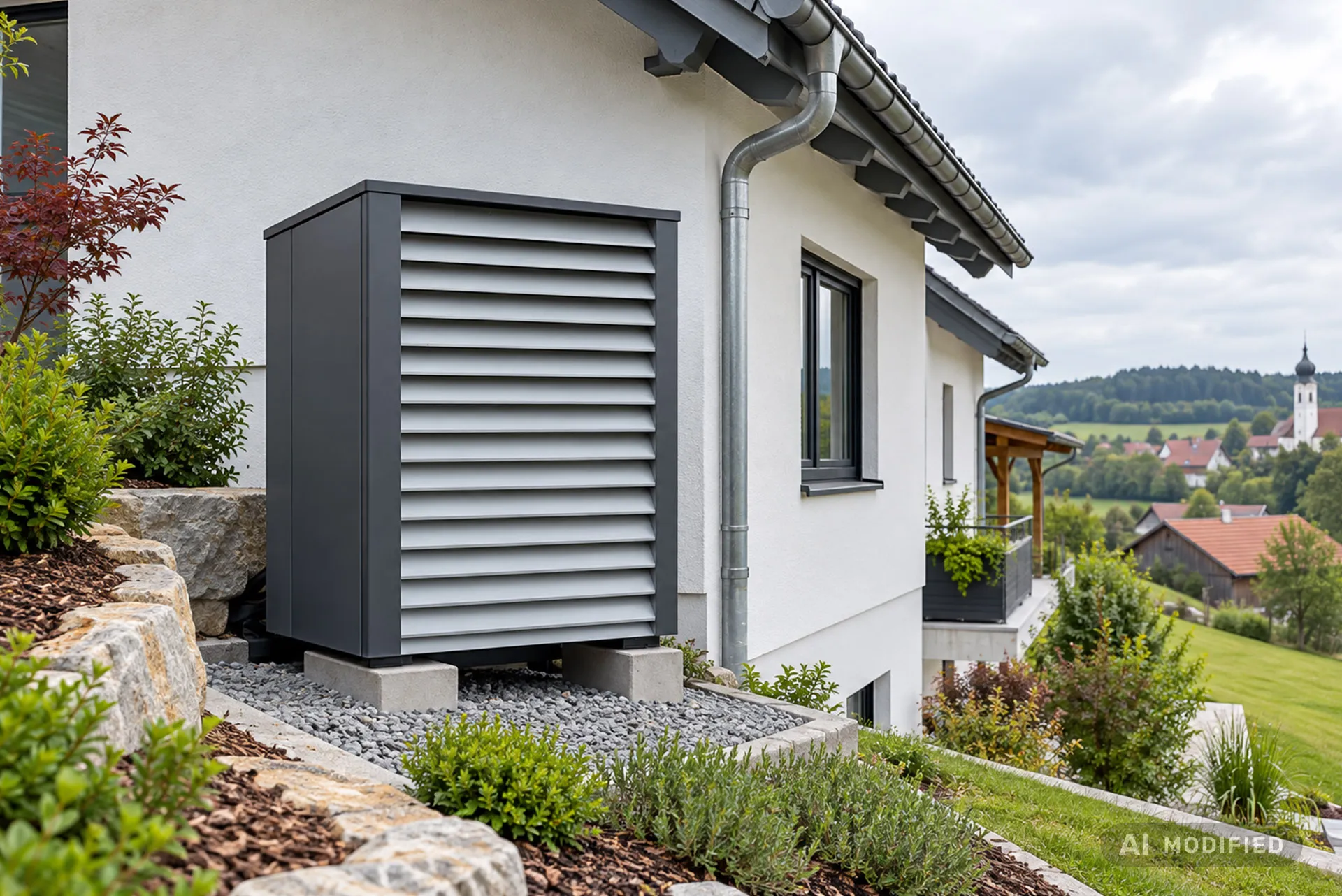 Eine graue Luft-Wasser-Wärmepumpe, die auf einem Kiesbett neben einem weißen Wohnhaus installiert ist.